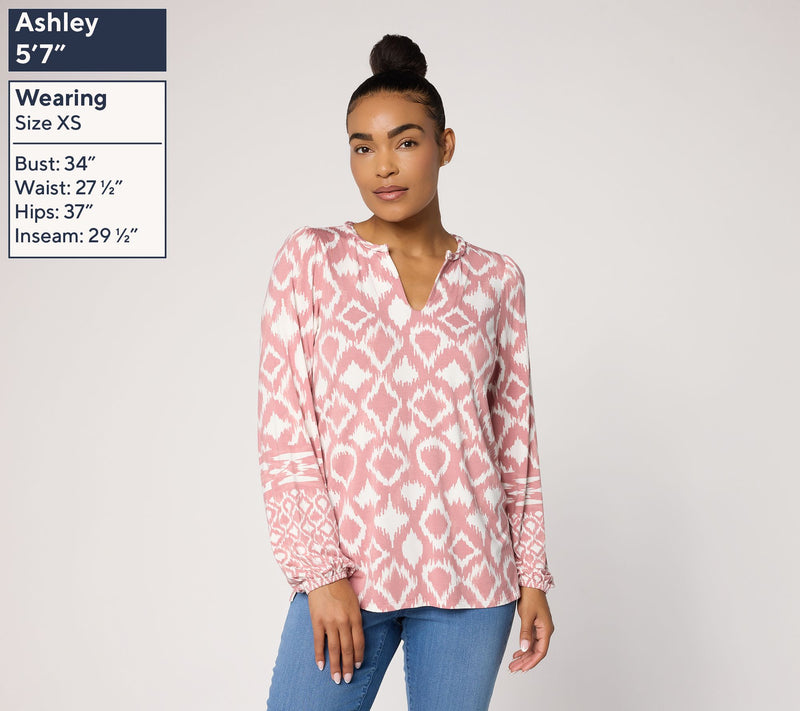 Belle by Kim Gravel Rayon Spandex Dyed Geometry Split Neck Top — View 3