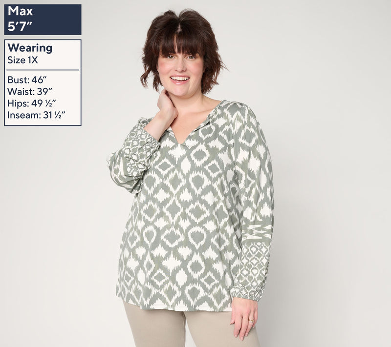 Belle by Kim Gravel Rayon Spandex Dyed Geometry Split Neck Top — View 2