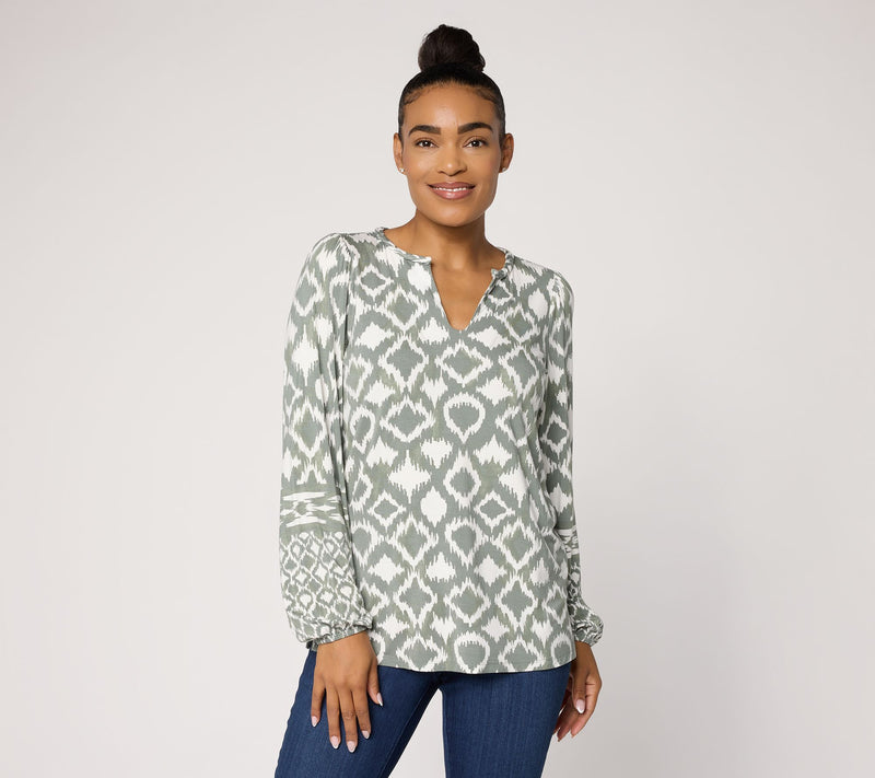Belle by Kim Gravel Rayon Spandex Dyed Geometry Split Neck Top — View 13