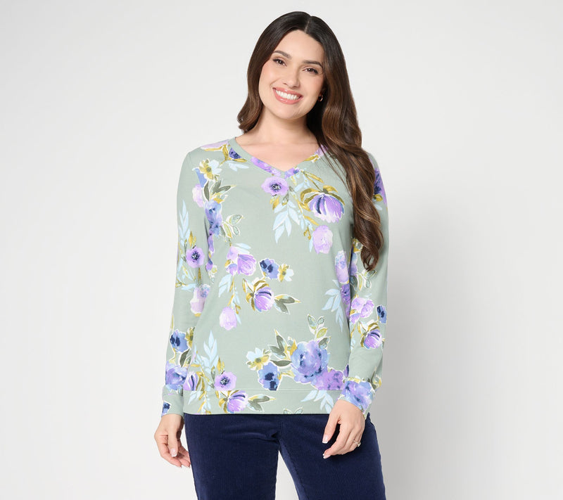 Denim & Co. Printed Heavenly Jersey V-Neck Pullover — Main view