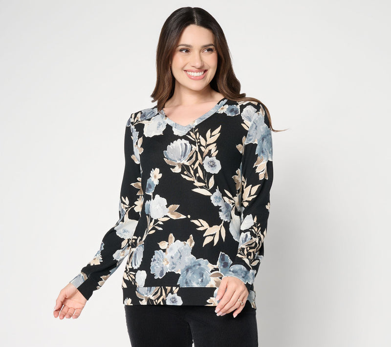 Denim & Co. Printed Heavenly Jersey V-Neck Pullover — View 10