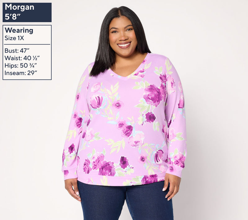 Denim & Co. Printed Heavenly Jersey V-Neck Pullover — View 2
