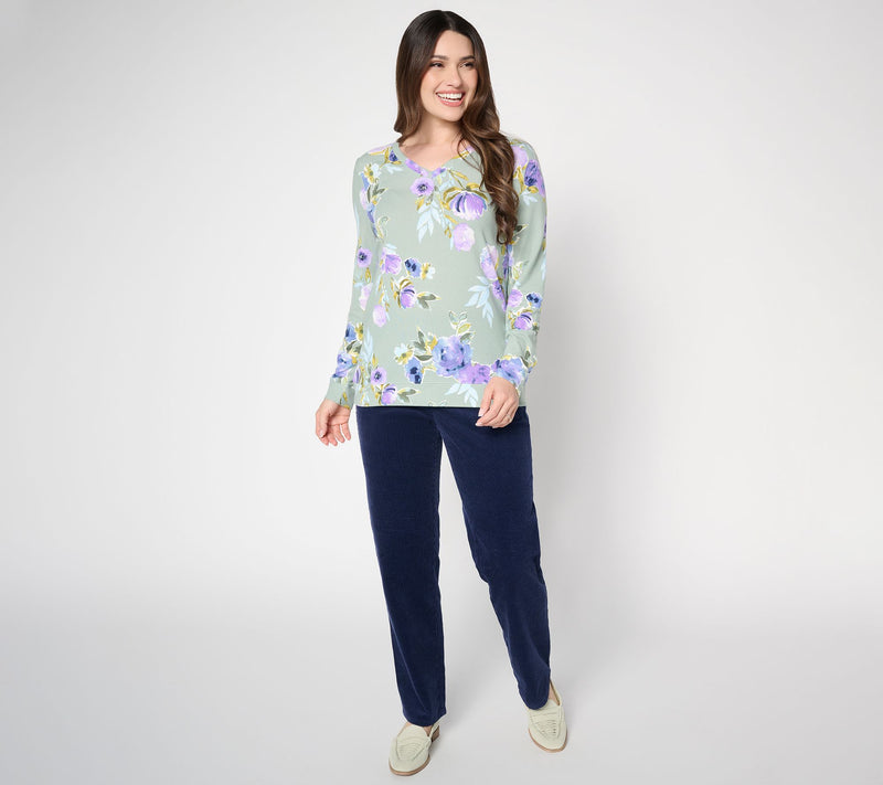 Denim & Co. Printed Heavenly Jersey V-Neck Pullover — View 4