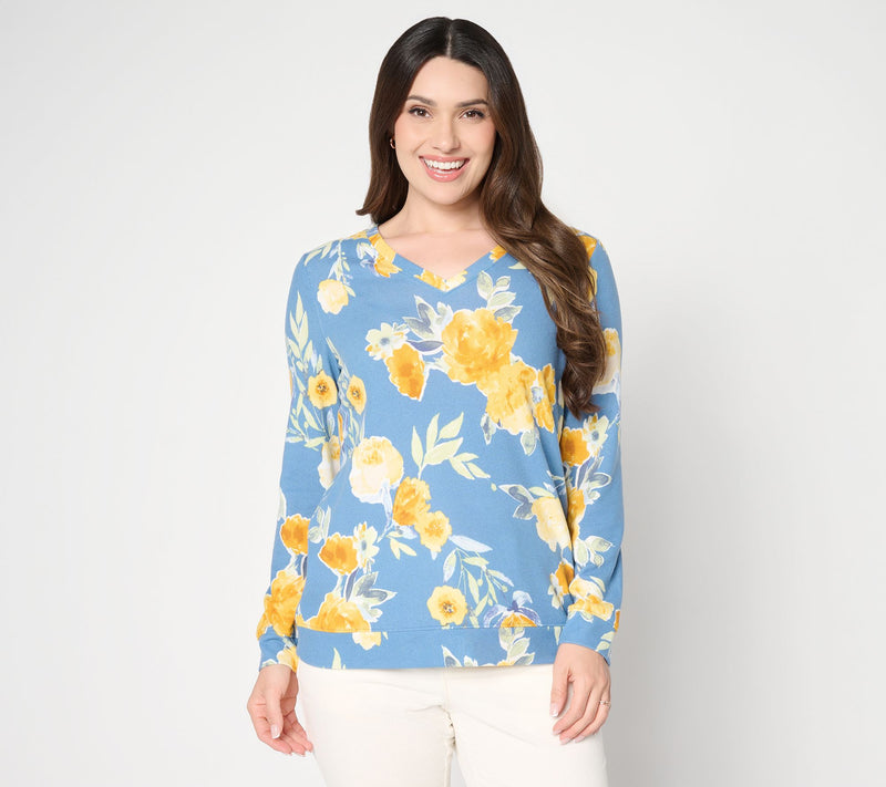 Denim & Co. Printed Heavenly Jersey V-Neck Pullover — View 12