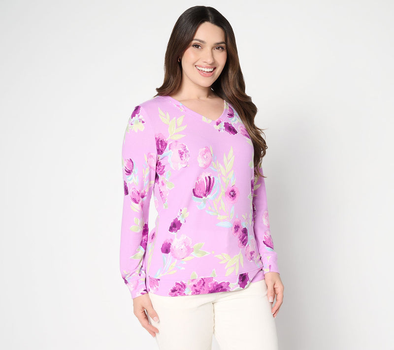 Denim & Co. Printed Heavenly Jersey V-Neck Pullover — View 13
