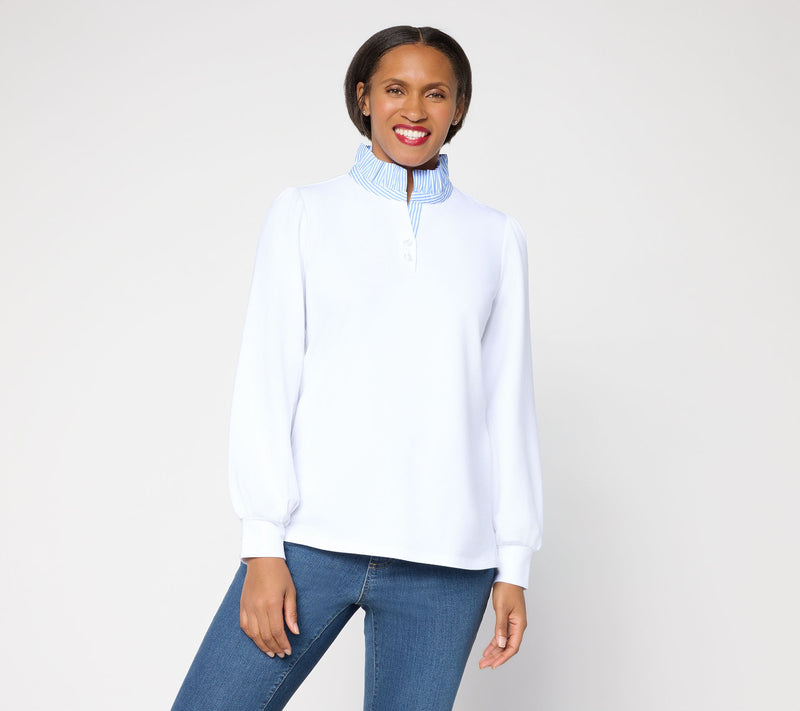 Belle by Kim Gravel French Terry Ruffle Regatta Striped Top — View 11