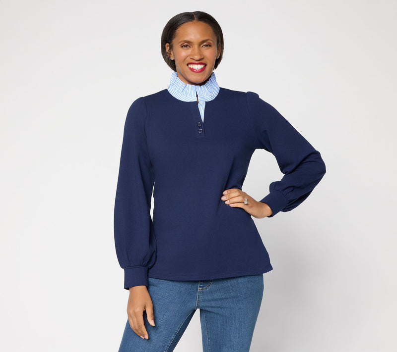 Belle by Kim Gravel French Terry Ruffle Regatta Striped Top — View 12