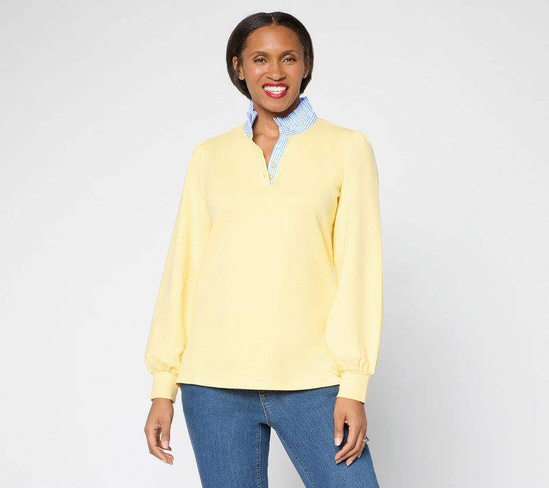 Belle by Kim Gravel French Terry Ruffle Regatta Striped Top — View 14