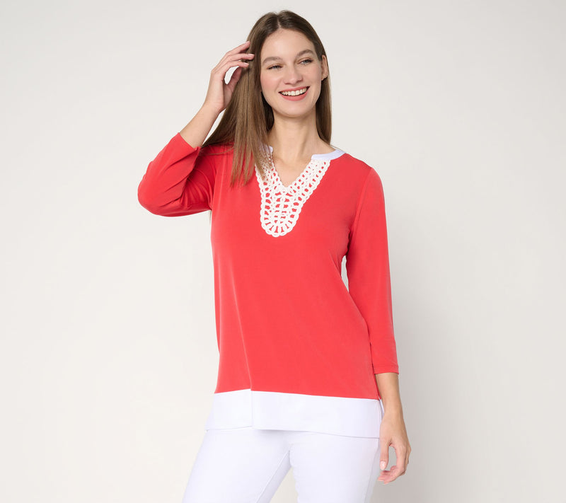 Susan Graver Petite Liquid Knit Split-Neck Tunic with Trim Detail — Main view