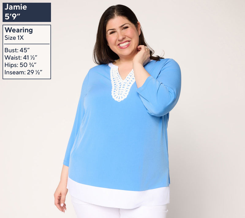 Susan Graver Petite Liquid Knit Split-Neck Tunic with Trim Detail — View 2