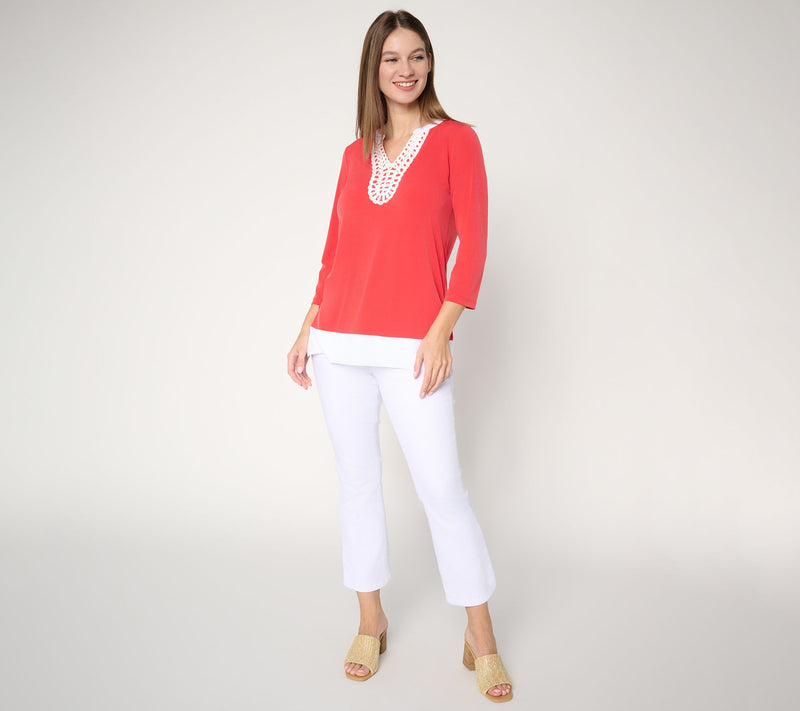 Susan Graver Petite Liquid Knit Split-Neck Tunic with Trim Detail — View 5