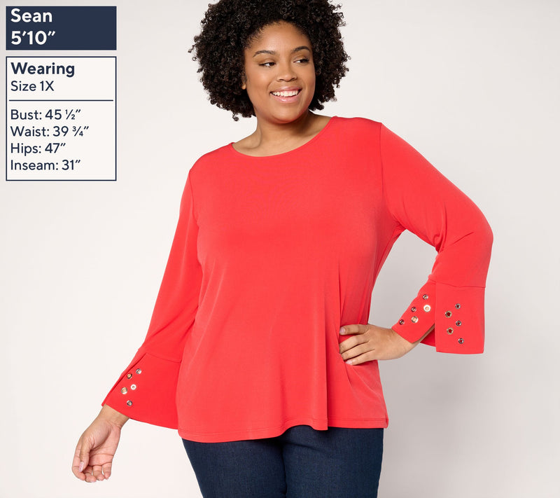Susan Graver Liquid Knit Top w/ Metal Grommet Sleeve Detail — View 2