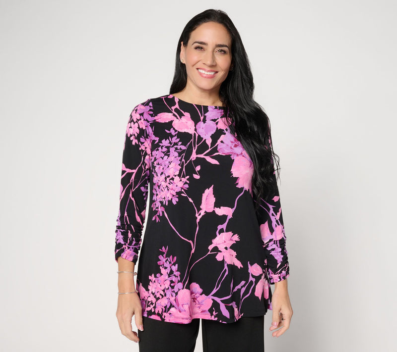 Susan Graver Regular Printed Liquid Knit 3/4 Sleeve A-Line Tunic — View 3