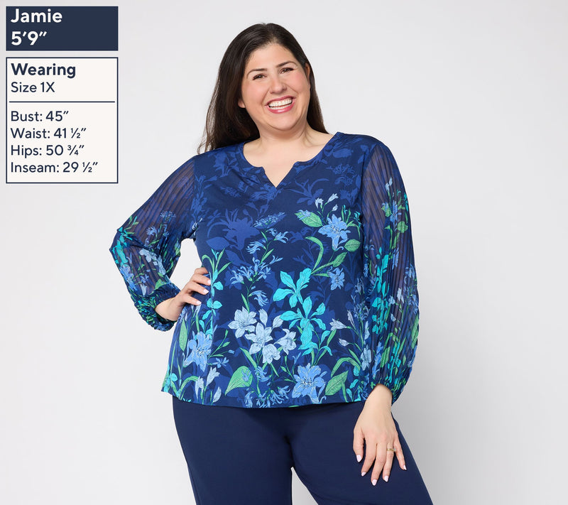 Susan Graver Printed Liquid Knit Split-Neck Pleated Woven Sleeve Top — View 2