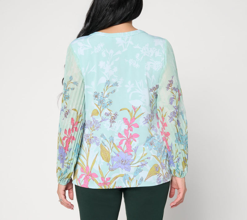 Susan Graver Printed Liquid Knit Split-Neck Pleated Woven Sleeve Top — View 4