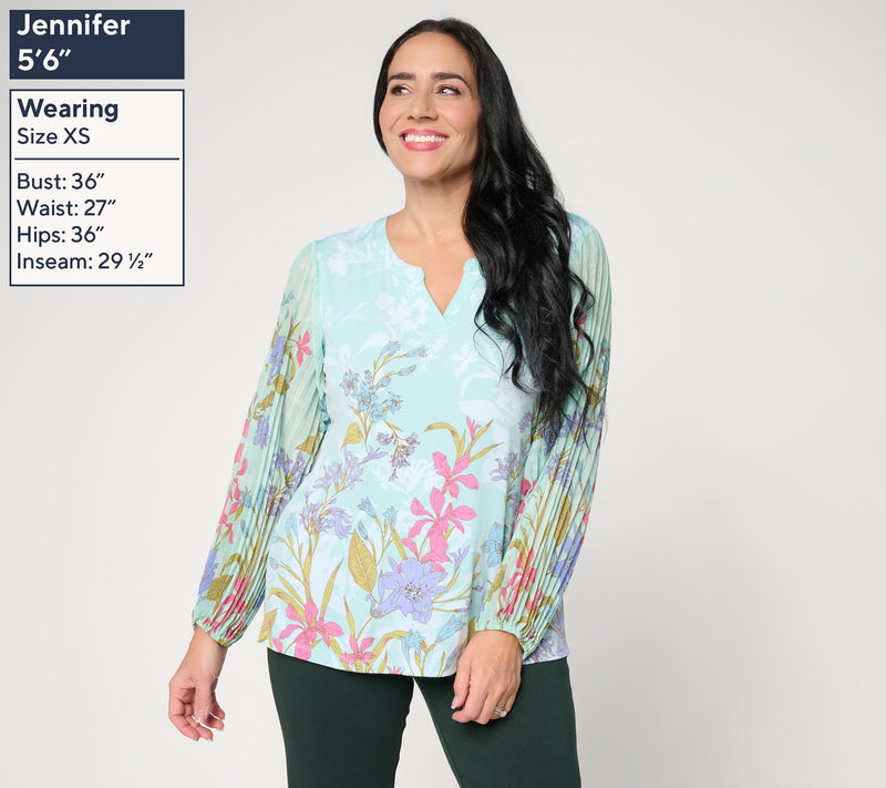 Susan Graver Printed Liquid Knit Split-Neck Pleated Woven Sleeve Top — View 3