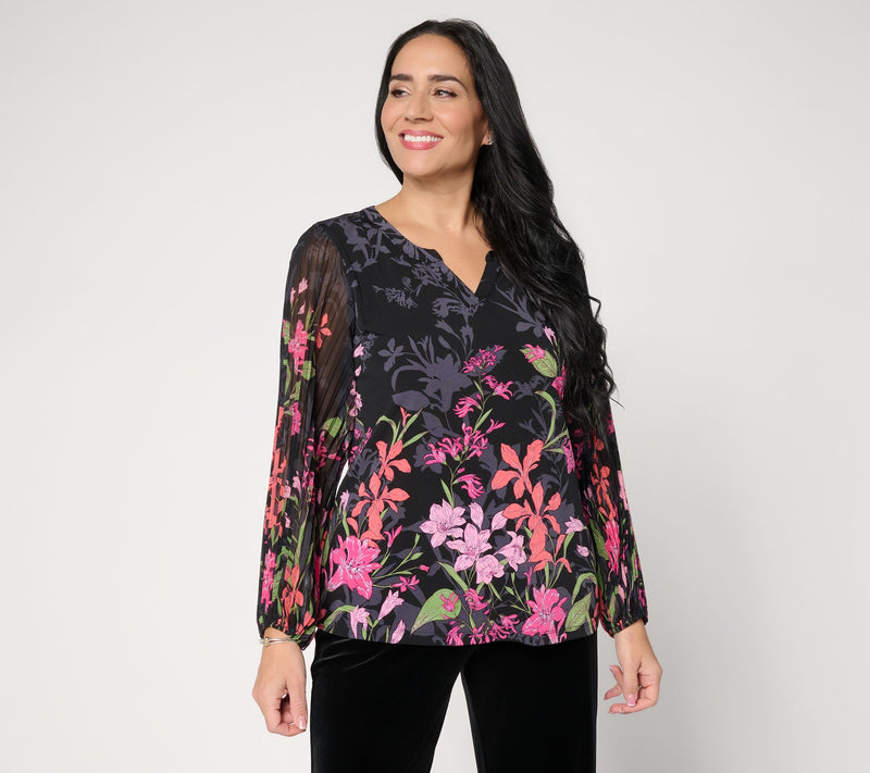 Susan Graver Printed Liquid Knit Split-Neck Pleated Woven Sleeve Top — View 12