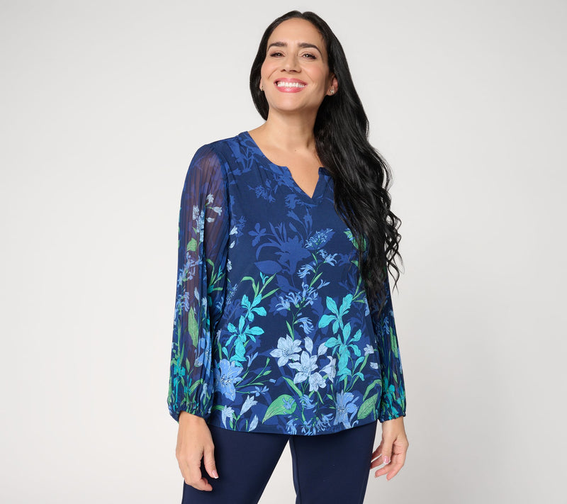 Susan Graver Printed Liquid Knit Split-Neck Pleated Woven Sleeve Top — View 13