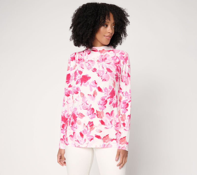 Susan Graver Printed Liquid Knit Funnel Neck Top with Ruched Detail — View 3