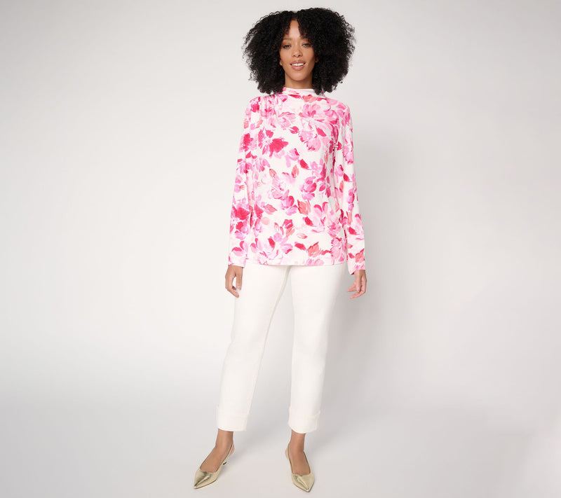 Susan Graver Printed Liquid Knit Funnel Neck Top with Ruched Detail — View 7