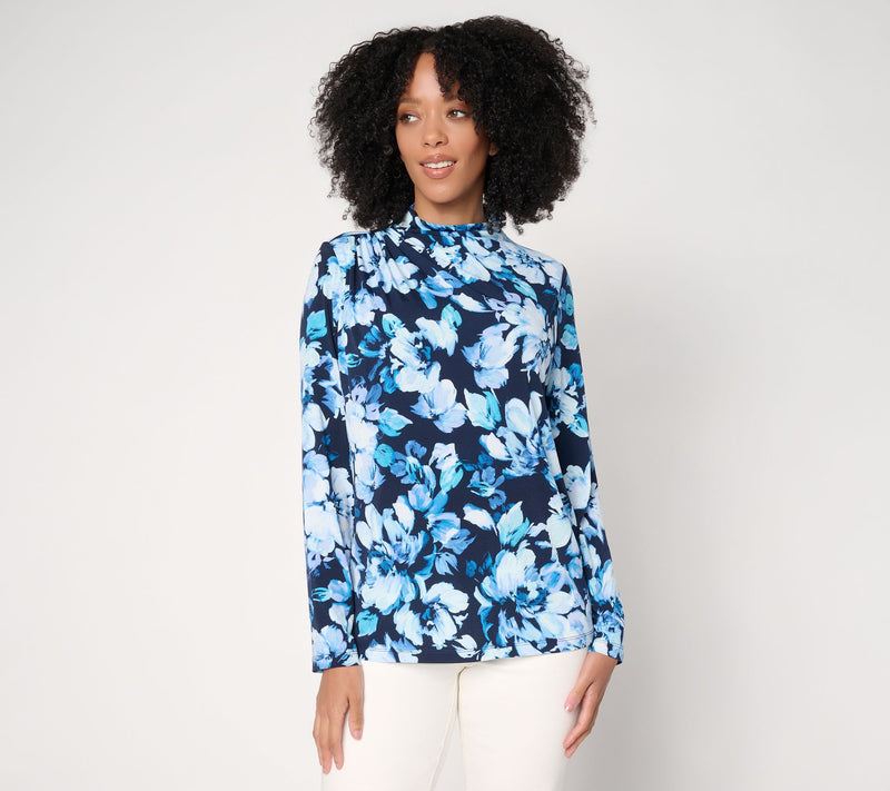 Susan Graver Printed Liquid Knit Funnel Neck Top with Ruched Detail — View 12