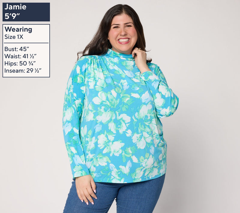 Susan Graver Printed Liquid Knit Funnel Neck Top with Ruched Detail — View 4