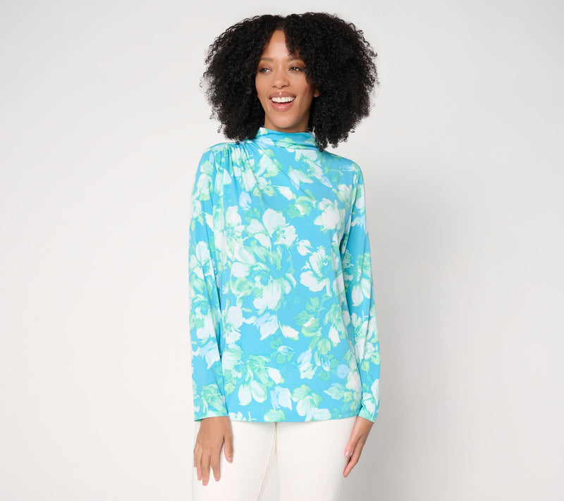 Susan Graver Printed Liquid Knit Funnel Neck Top with Ruched Detail — View 13