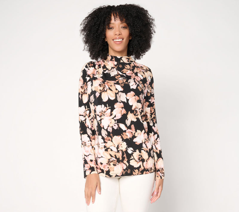 Susan Graver Printed Liquid Knit Funnel Neck Top with Ruched Detail — View 14