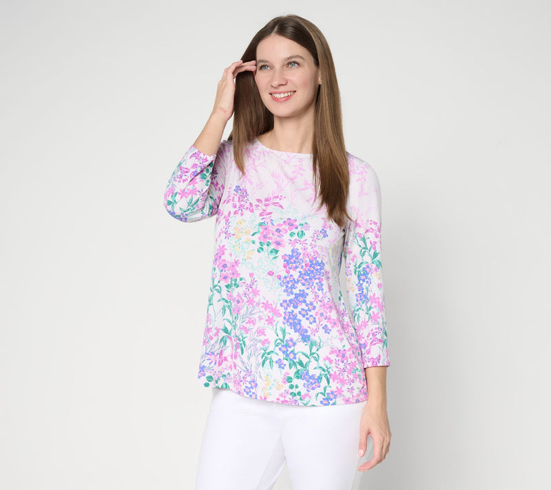 Susan Graver Printed Liquid Knit 3/4-Sleeve A-Line Top — Main view