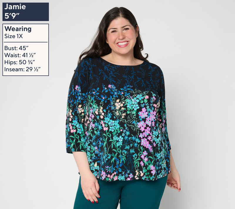 Susan Graver Printed Liquid Knit 3/4-Sleeve A-Line Top — View 2
