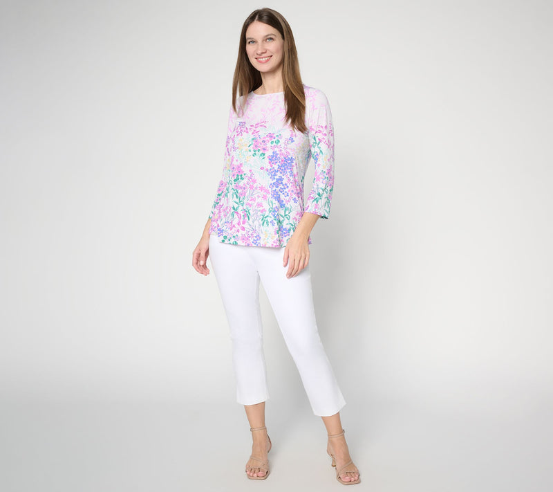 Susan Graver Printed Liquid Knit 3/4-Sleeve A-Line Top — View 5