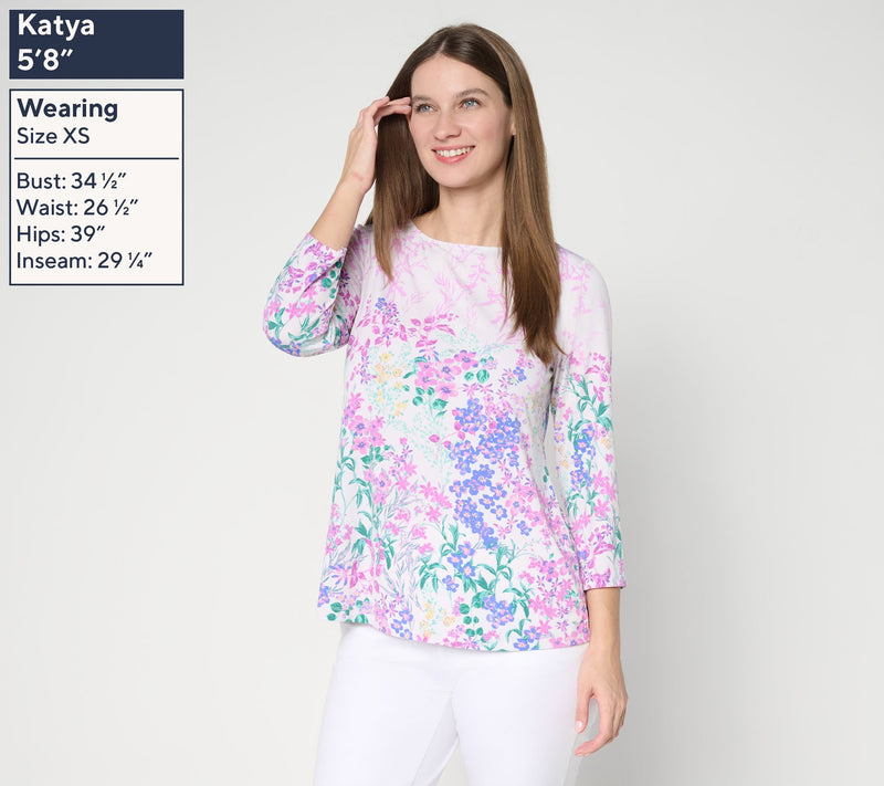 Susan Graver Printed Liquid Knit 3/4-Sleeve A-Line Top — View 3