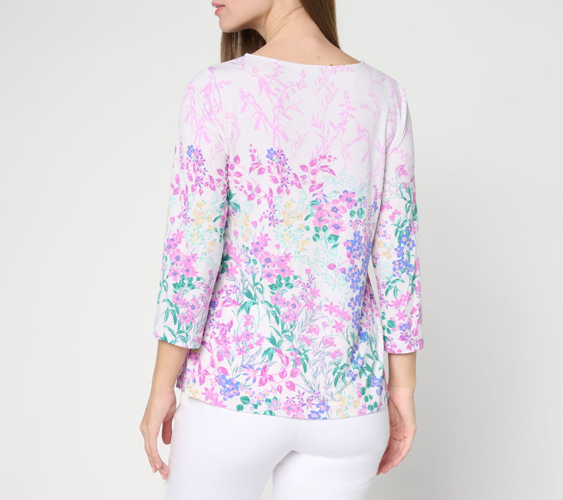 Susan Graver Printed Liquid Knit 3/4-Sleeve A-Line Top — View 4