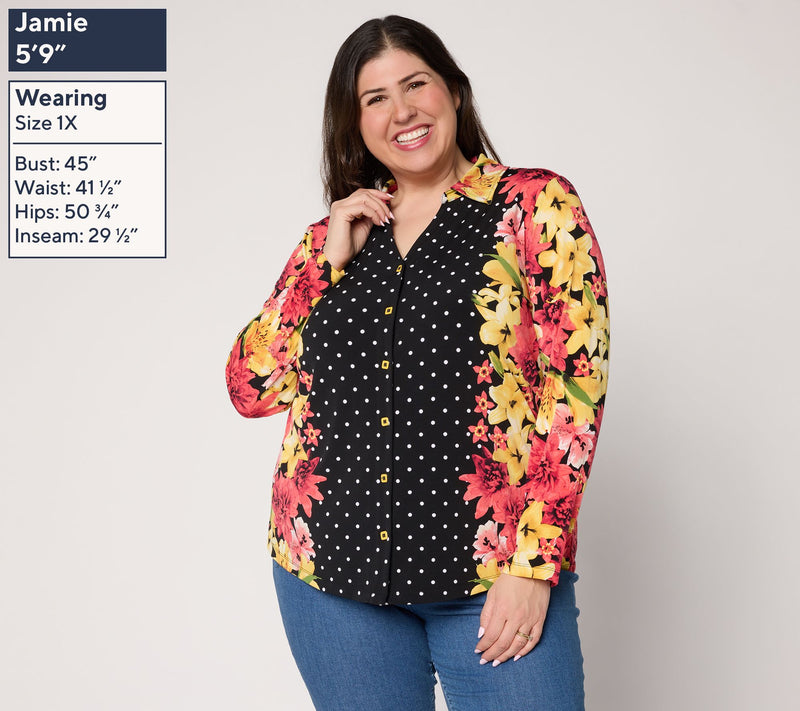 Susan Graver Printed Liquid Knit Button Front Top — View 2