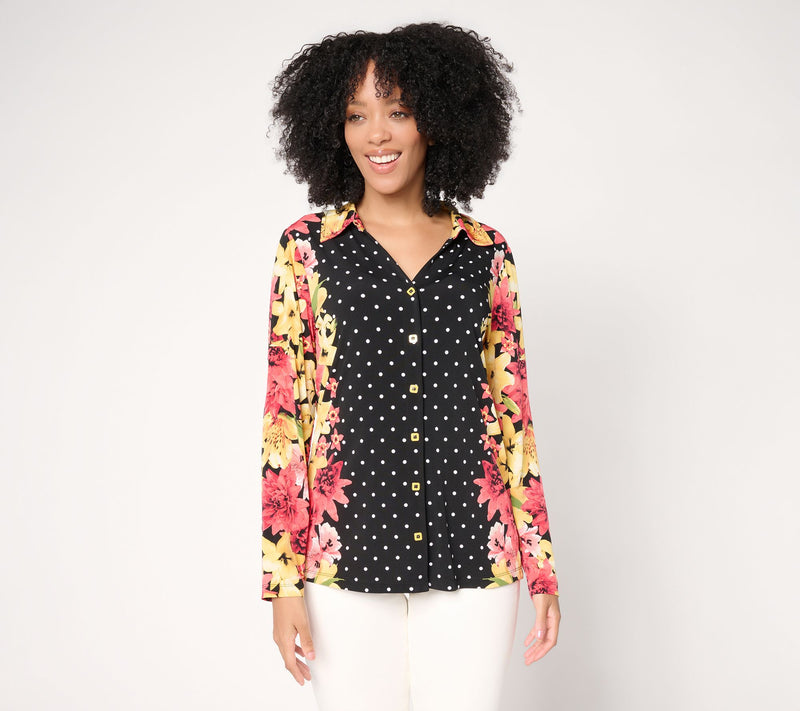 Susan Graver Printed Liquid Knit Button Front Top — View 10