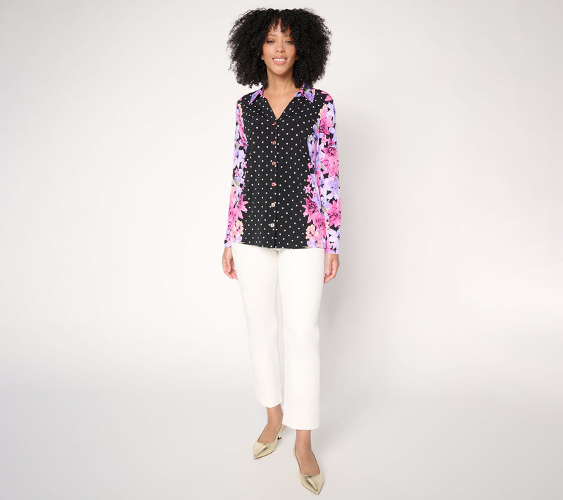 Susan Graver Printed Liquid Knit Button Front Top — View 5