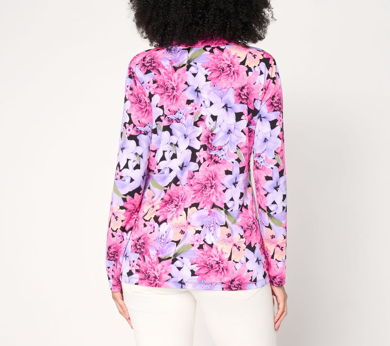 Susan Graver Printed Liquid Knit Button Front Top — View 4