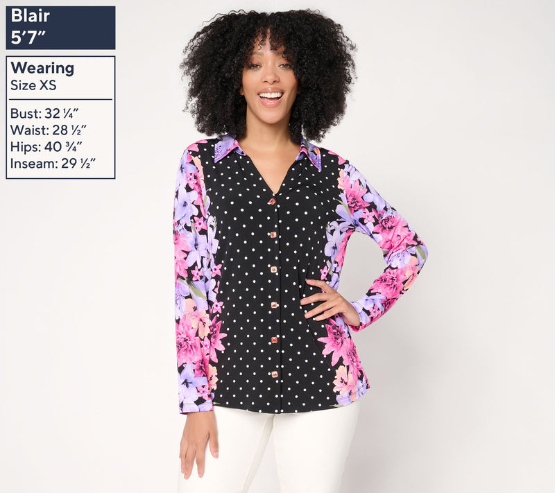 Susan Graver Printed Liquid Knit Button Front Top — View 3