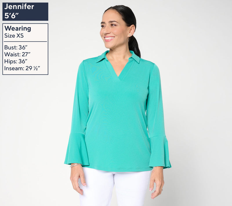 Susan Graver Regular Liquid Knit Split Neck Bell Sleeve Tunic — View 4