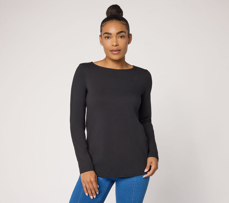 Susan Graver Essentials Comfy Cotton Bateau-Neck Shirttail Top — View 12