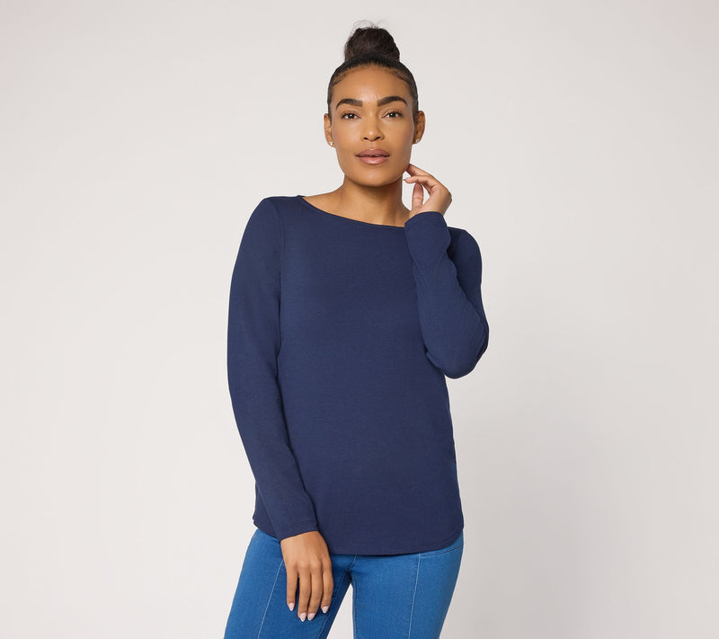 Susan Graver Essentials Comfy Cotton Bateau-Neck Shirttail Top — View 13