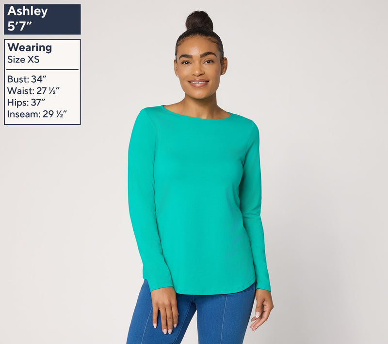 Susan Graver Essentials Comfy Cotton Bateau-Neck Shirttail Top — View 3