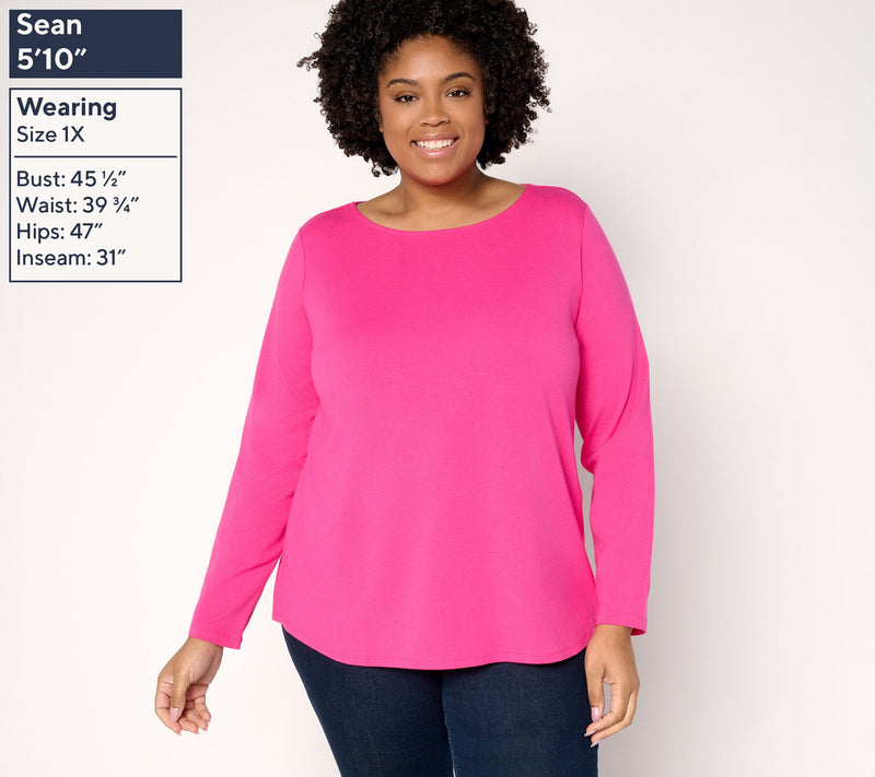 Susan Graver Essentials Comfy Cotton Bateau-Neck Shirttail Top — View 2