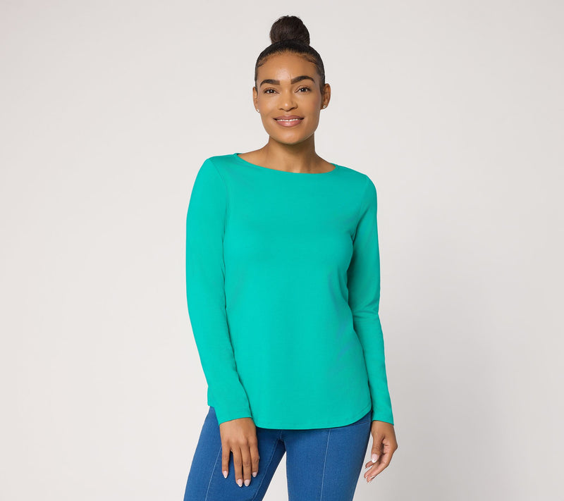 Susan Graver Essentials Comfy Cotton Bateau-Neck Shirttail Top — View 15