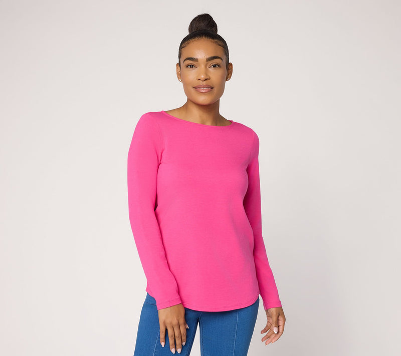 Susan Graver Essentials Comfy Cotton Bateau-Neck Shirttail Top — View 16