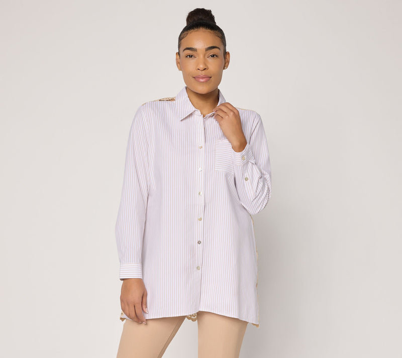 Susan Graver Regular Tencel Cotton Stripe Tunic w/ Lace Back — View 7