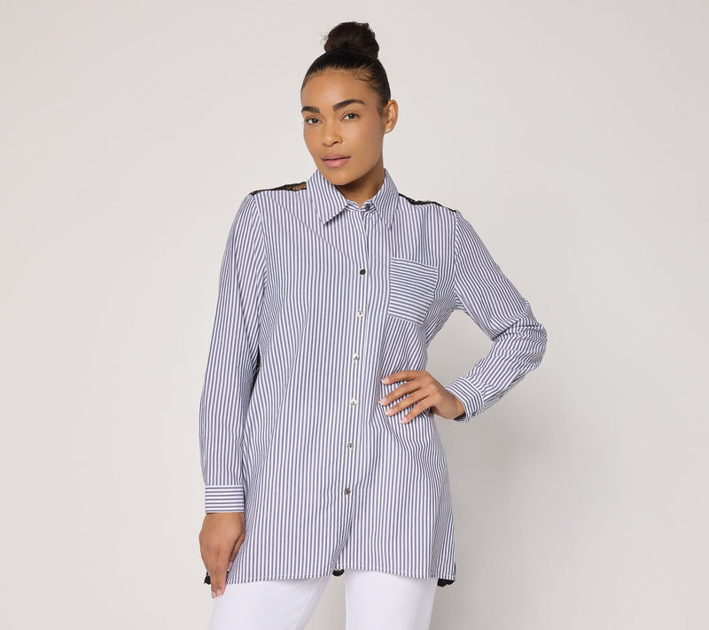 Susan Graver Petite Tencel Cotton Stripe Tunic w/ Lace Back — View 3