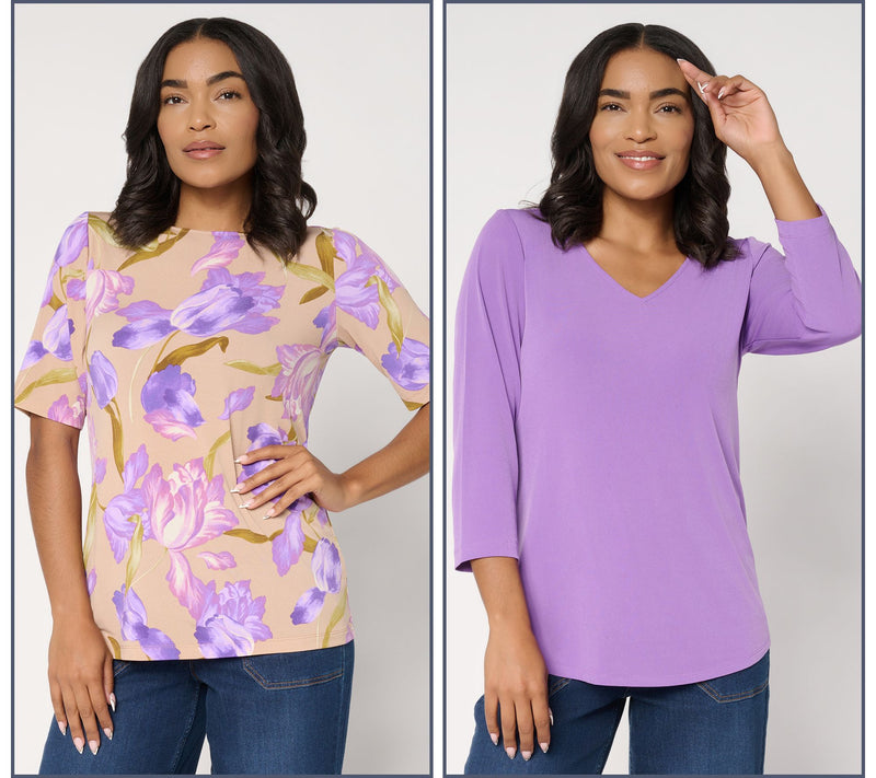 Susan Graver Set of 2 Print & Solid Liquid Knit Tops — View 2