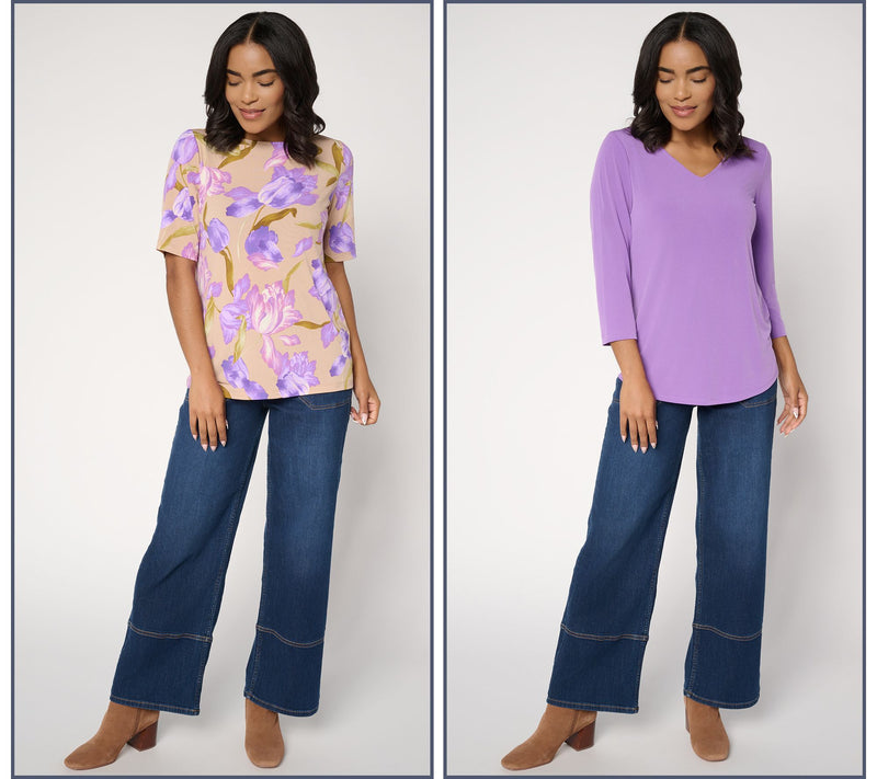 Susan Graver Set of 2 Print & Solid Liquid Knit Tops — View 6