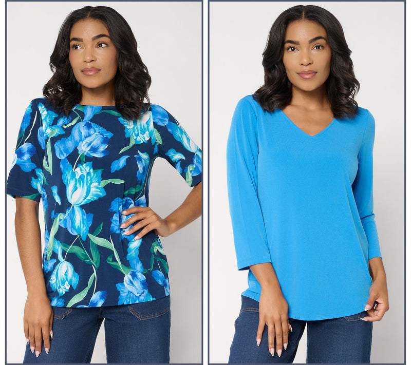 Susan Graver Set of 2 Print & Solid Liquid Knit Tops — View 14